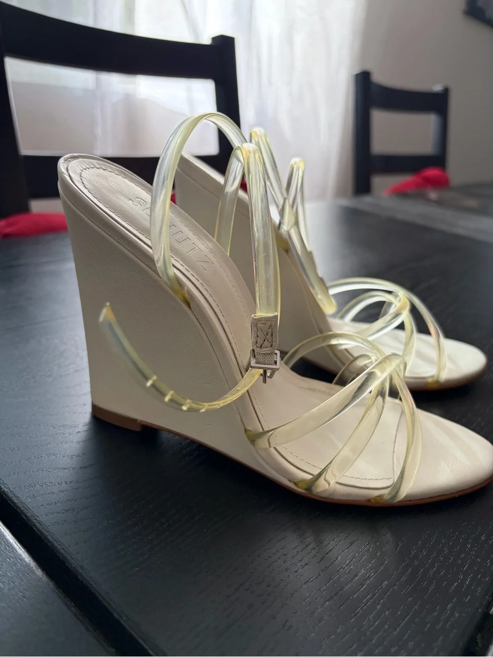 Schutz White Wedge Sandals with Clear Straps